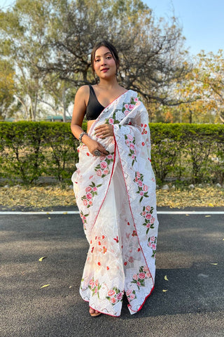 WHITE ORGANZA SILK SAREE