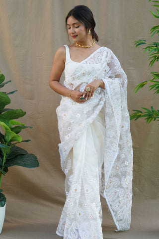 WHITE ORGANZA SILK SAREE