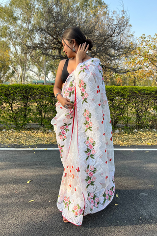 WHITE ORGANZA SILK SAREE