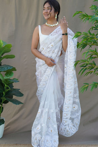 WHITE ORGANZA SILK SAREE