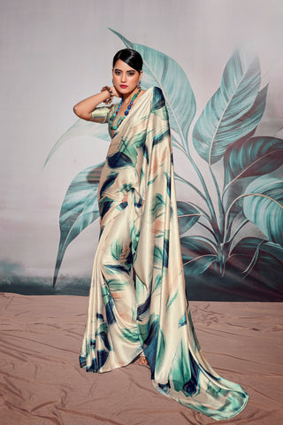 WHITE SATIN CREPE WITH DIGITAL PRINT SAREE