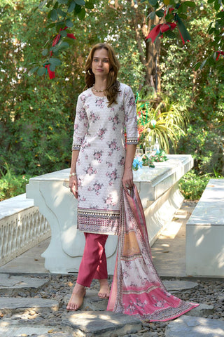 White Cotton With Print Kurta Set_Kumari Sarees