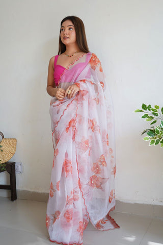 WHITE ORGANZA HANDWORK DIGITAL PRINT SAREE