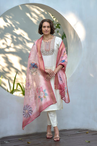 White Organza Butti With Embroidery Kurta Set_Kumari Sarees