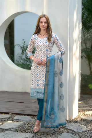 White Cotton With Print Kurta Set_Kumari Sarees