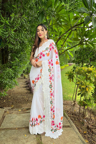 WHITE GEORGETTE SILK SAREE