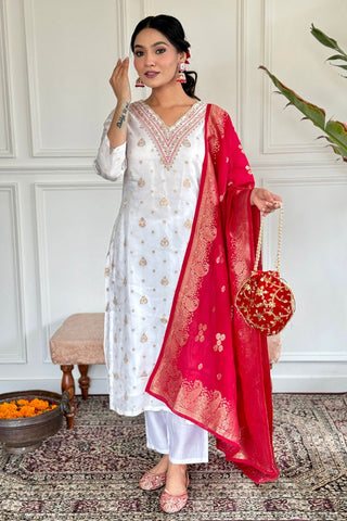 White Gadhval Jacquard Embroidery Kurta Set
