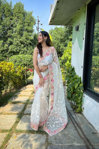 WHITE ORGANZA SILK SAREE