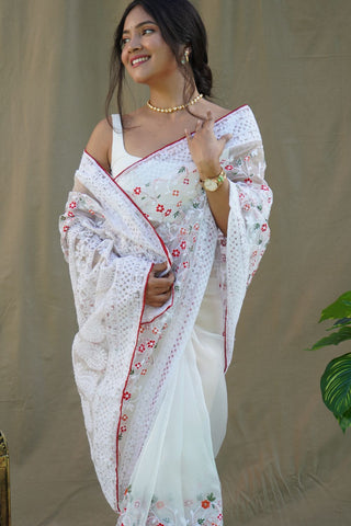 WHITE ORGANZA SILK SAREE