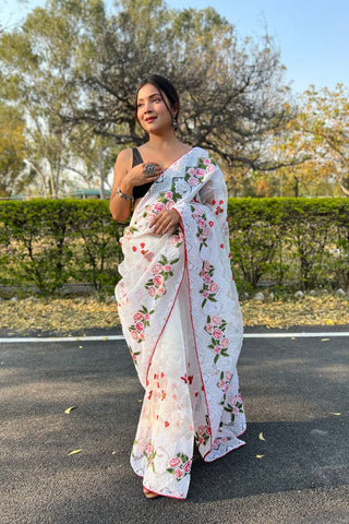 WHITE ORGANZA SILK SAREE