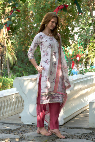 White Cotton With Print Kurta Set_Kumari Sarees