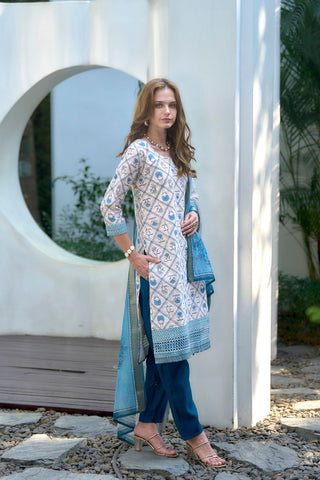 White Cotton With Print Kurta Set_Kumari Sarees