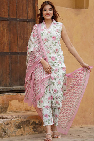 Pink Cotton Chanderi Kurta Set_Kumari Sarees