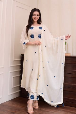 White Viscose With Embroidery Kurta Set_Kumari Sarees