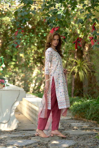 White Cotton With Print Kurta Set_Kumari Sarees