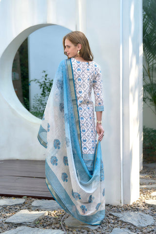 White Cotton With Print Kurta Set_Kumari Sarees