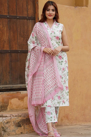 Pink Cotton Chanderi Kurta Set_Kumari Sarees