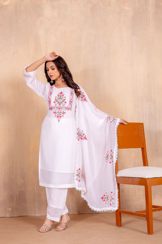 White Georgette With Embroidery Work Kurta Set