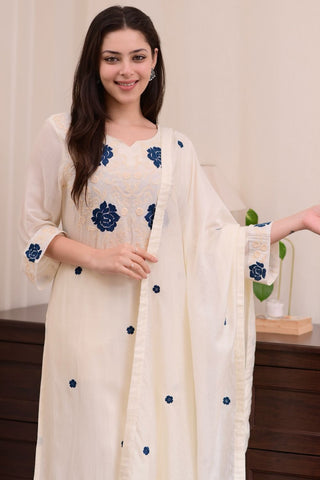 White Viscose With Embroidery Kurta Set_Kumari Sarees