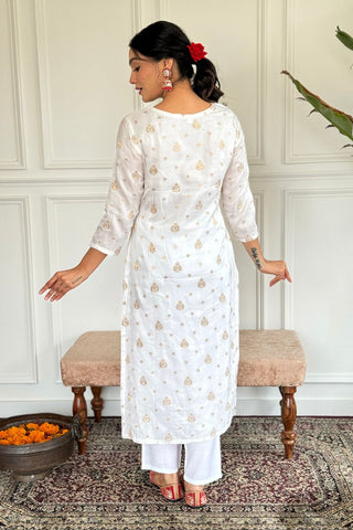 White Gadhval Jacquard Embroidery Kurta Set