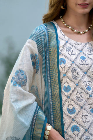 White Cotton With Print Kurta Set_Kumari Sarees