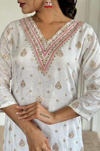White Gadhval Jacquard Embroidery Kurta Set