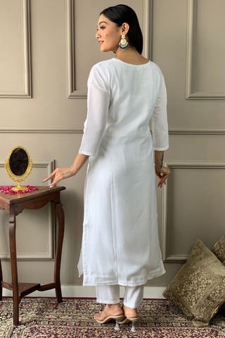 White Viscose Zari Chanderi Embroidery Kurta Set_Kumari Sarees