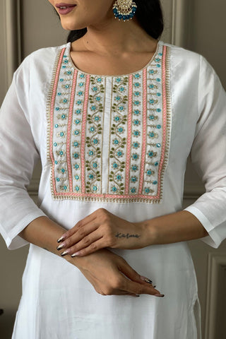 White Viscose Zari Chanderi Embroidery Kurta Set_Kumari Sarees