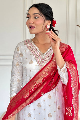 White Gadhval Jacquard Embroidery Kurta Set