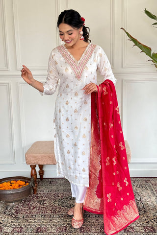 White Gadhval Jacquard Embroidery Kurta Set
