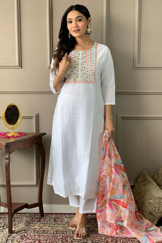 White Viscose Zari Chanderi Embroidery Kurta Set_Kumari Sarees