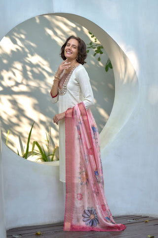 White Organza Butti With Embroidery Kurta Set_Kumari Sarees