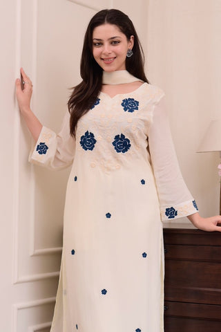 White Viscose With Embroidery Kurta Set_Kumari Sarees