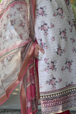 White Cotton With Print Kurta Set_Kumari Sarees