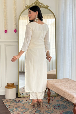White Viscose Reyon Chinon Embroidery Kurta Set_Kumari Sarees