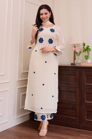 White Viscose With Embroidery Kurta Set_Kumari Sarees