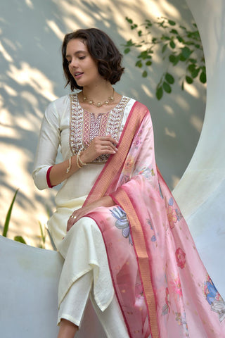 White Organza Butti With Embroidery Kurta Set_Kumari Sarees