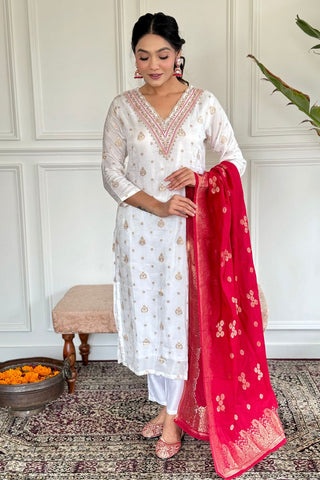 White Gadhval Jacquard Embroidery Kurta Set