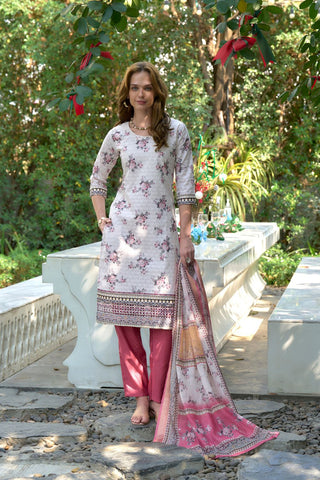 White Cotton With Print Kurta Set_Kumari Sarees