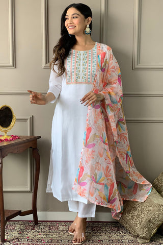 White Viscose Zari Chanderi Embroidery Kurta Set_Kumari Sarees