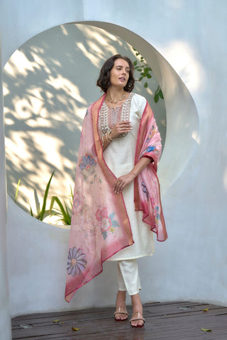 White Organza Butti With Embroidery Kurta Set_Kumari Sarees
