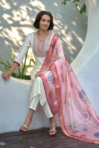 White Organza Butti With Embroidery Kurta Set_Kumari Sarees