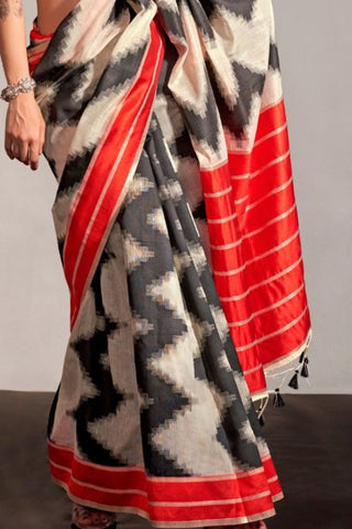 White Printed Ajrakh Handwoven Silk Saree