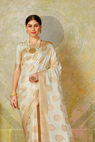 WHITE KANJEEVARAM HANDLOOM SILK SAREE WITH LEAF DESIGN