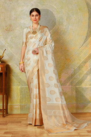 WHITE KANJEEVARAM HANDLOOM SILK SAREE WITH LEAF DESIGN