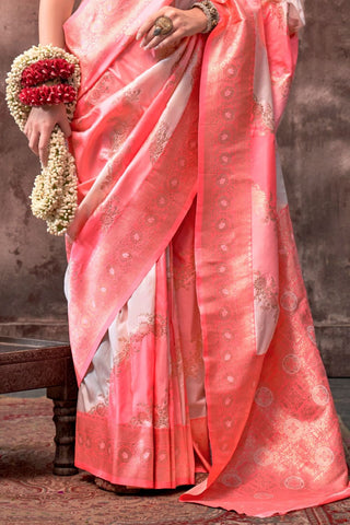 White & Peach Handloom Weaving Silk Saree