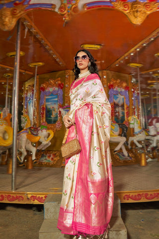 WHITE & PINK HANDLOOM WEAVING SILK SAREE