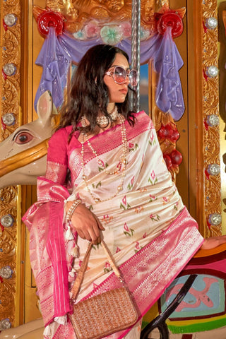 WHITE & PINK HANDLOOM WEAVING SILK SAREE