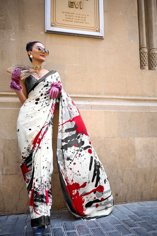 WHITE & RED PRINT SATIN CREPE SAREES