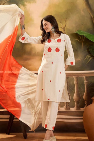 White & Red  Viscose With Embroidery Kurta Set_Kumari Sarees